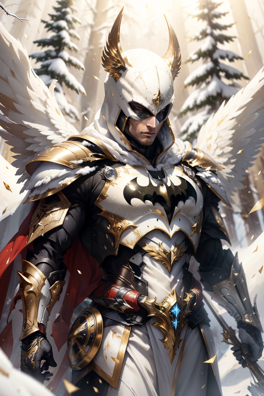 Batman full body on a white, gold and red armor suit, on a white snow forest, snow falling over the armor, the sin shines over the armor suit, hyper realistic, photorealistic, intricate fabric details, needlepoint vining elements, photo realism, 24k resolution, hyper detail art style on Leonardo Da Vinci  an award winning photo