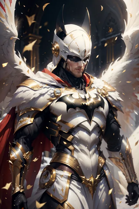 Batman full body on a white, gold and red armor suit, on a white snow forest, snow falling over the armor, the sin shines over t...