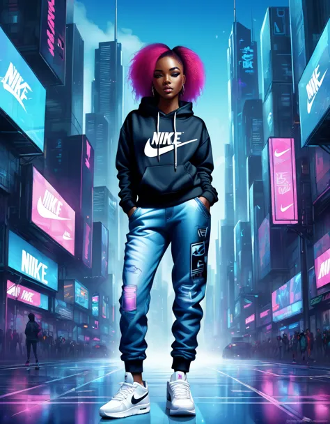 a rapper, black girl, cute, hoddie sweat-shirt, pants (blue jeans) and nike shoes cyberpunk city background, centered image, sha...