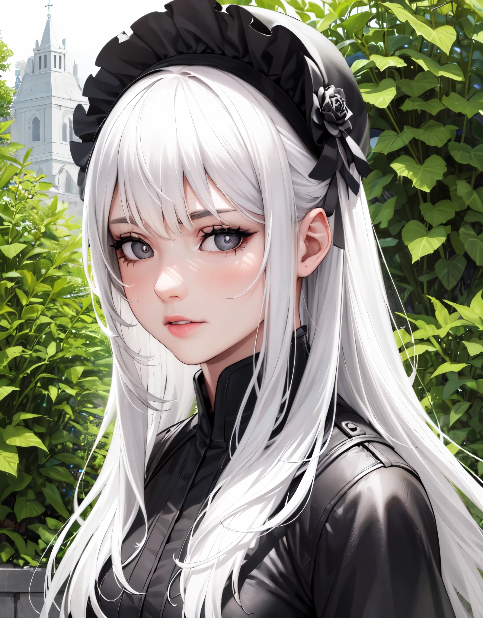 (best quality,realistic:1.37),(highres,ultra-detailed),(portrait:1.1),girl,garden,lonely,white hair,black hair,multi-colored hair,black eyes,X-shaped pupils,white dress,emphasis on face