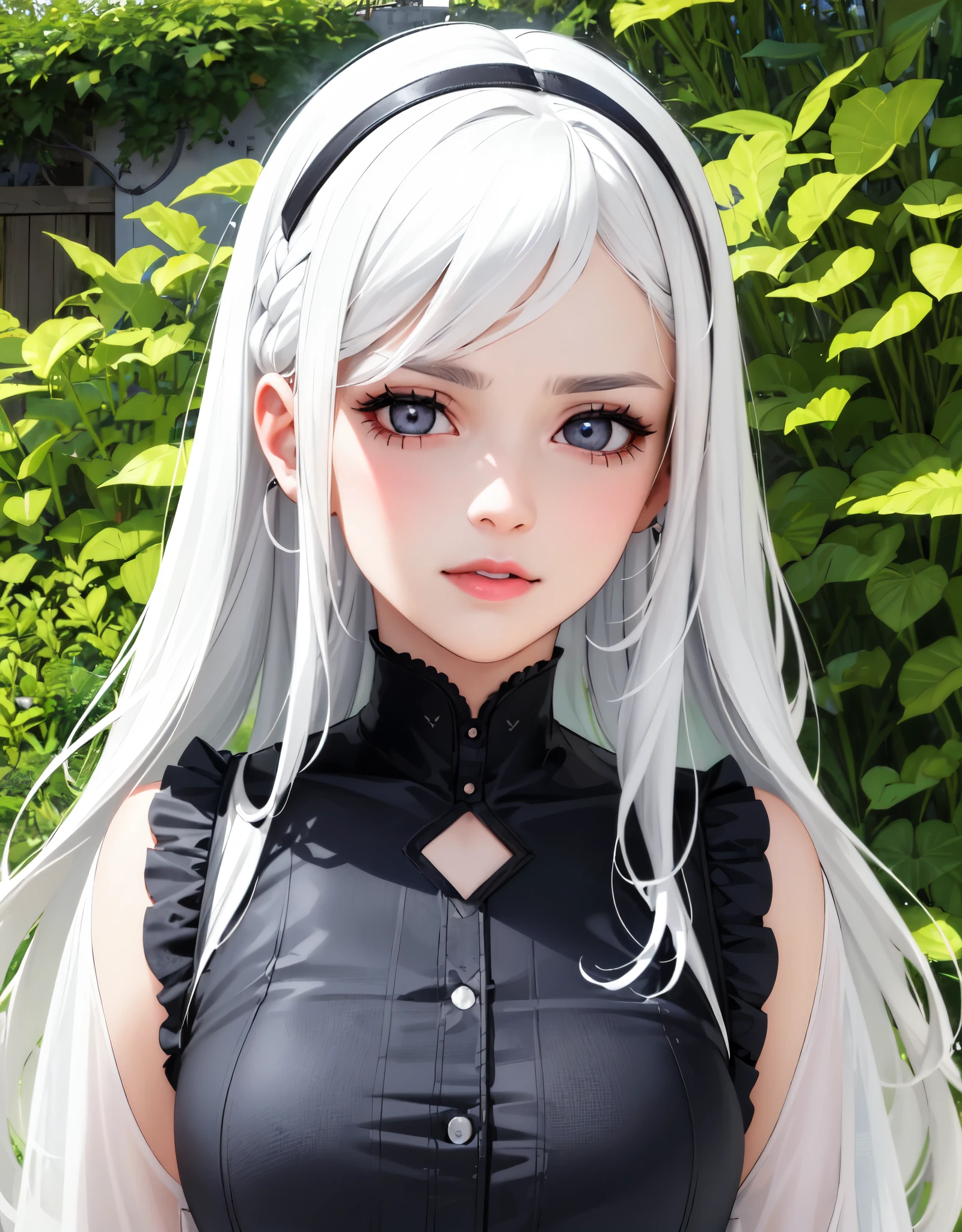 (best quality,realistic:1.37),(highres,ultra-detailed),(portrait:1.1),girl,garden,lonely,white hair,black hair,multi-colored hair,black eyes,X-shaped pupils,white dress,emphasis on face