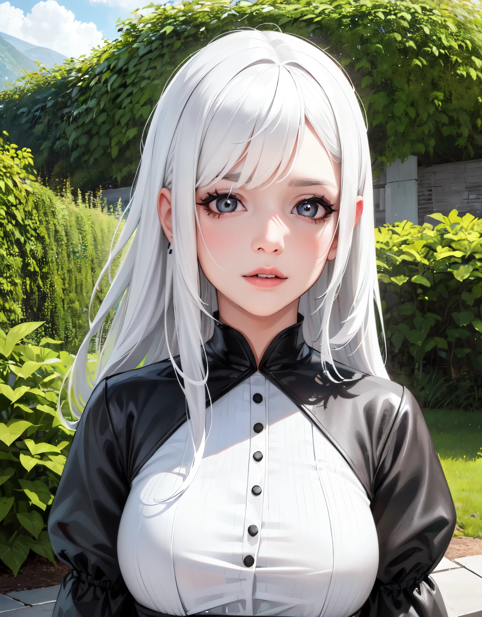 (best quality,realistic:1.37),(highres,ultra-detailed),(portrait:1.1),girl,garden,lonely,white hair,black hair,multi-colored hair,black eyes,X-shaped pupils,white dress,emphasis on face