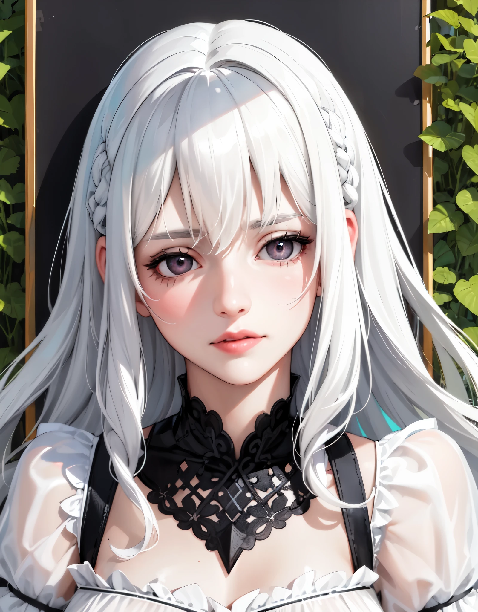 (best quality,realistic:1.37),(highres,ultra-detailed),(portrait:1.1),girl,garden,lonely,white hair,black hair,multi-colored hair,black eyes,X-shaped pupils,white dress,emphasis on face