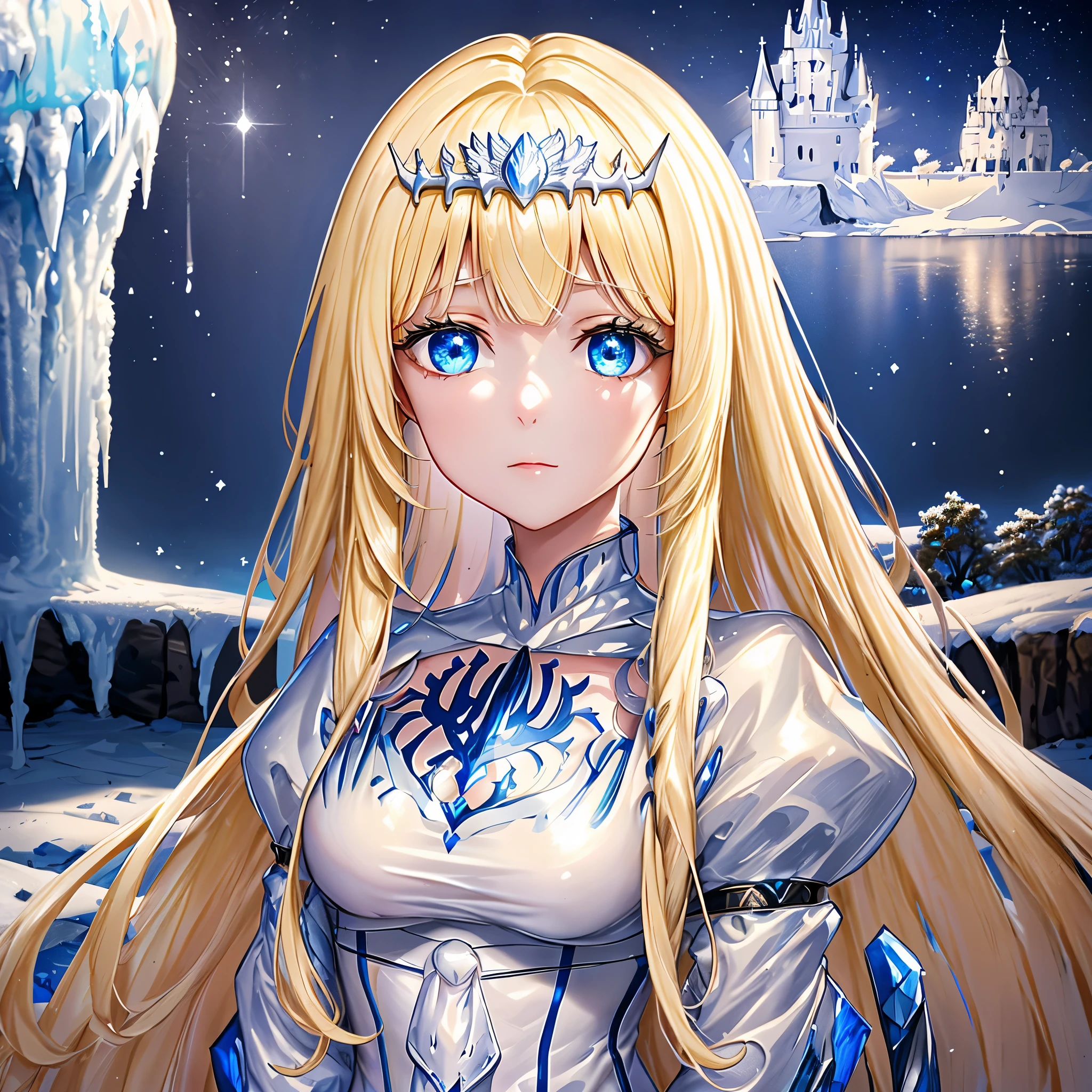 super fine illustration, an extremely cute and beautiful girl, highly detailed beautiful face and eyes, look at viewer, cowboy shot, beautiful long hair, solo, dynamic angle, beautiful detailed ice dress with frill, ice castle in background, blue tone,  1girl,solo, Calca, Calca Bessarez, blonde hair, extremely long hair, very long hair, white tiara, silver tiara, white dress, blue eyes, medium chest