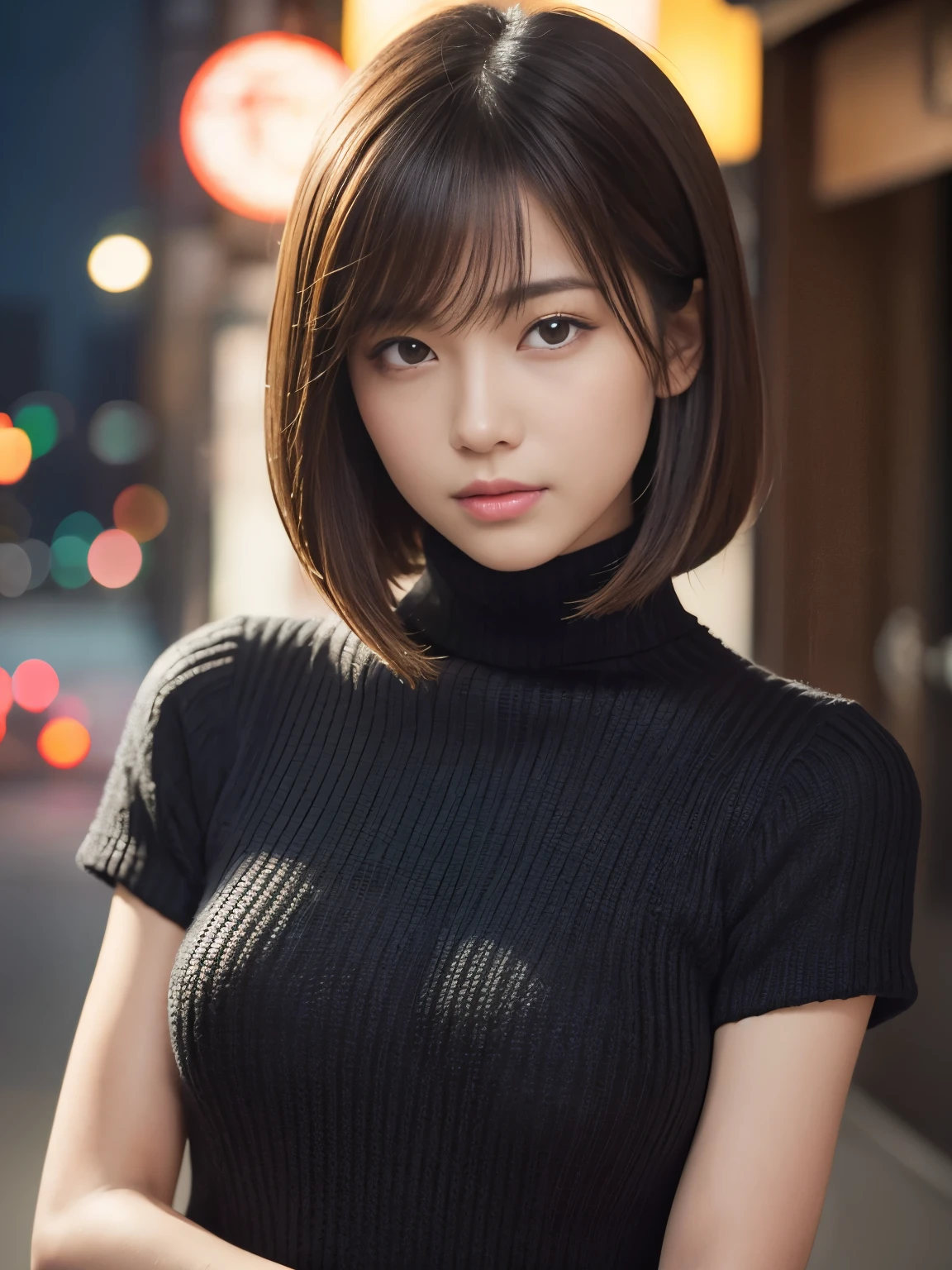 product quality, 1 girl, cowboy shot, front view, a Japanese young pretty girl, long bob hair, at night, wearing a black knitted turtleneck sweater, wearing mini skert, hyper cute face, glossy lips, double eyelids for both eyes, natural makeup, shiny smooth light brown hair of long bob hair, asymmetrical bangs, central image, 8K resolution, high detail, detailed hairstyle, detailed face, cinematic lighting, octane rendering, hyper realistic, perfect limbs, perfect anatomy