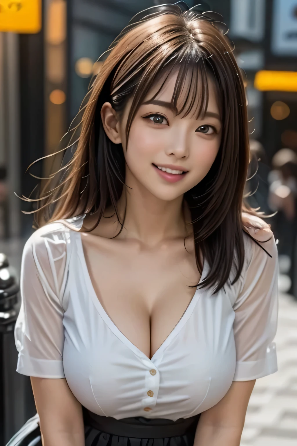 (1 Ultimate beautiful mature woman)、very detailed顔、lip details、detailed eye、double eyelid、medium brunette hair, Colorful blouse and colorful mini skirt、grin and laugh, (glamorous body)、(big and full breasts)、(cowboy shot)、(I&#39;Iはたくさん汗をかいています), perfect hands, perfect fingers, perfect breasts, that&#39;s right, perfect body, perfect face, ((written boundary depth))、perfect image realism, With background:((Ginza street in Tokyo))、detailed background, detailed costume, perfect lighting、hyper realism、Photoreal、8K maximum resolution, (masterpiece), very detailed, Professional