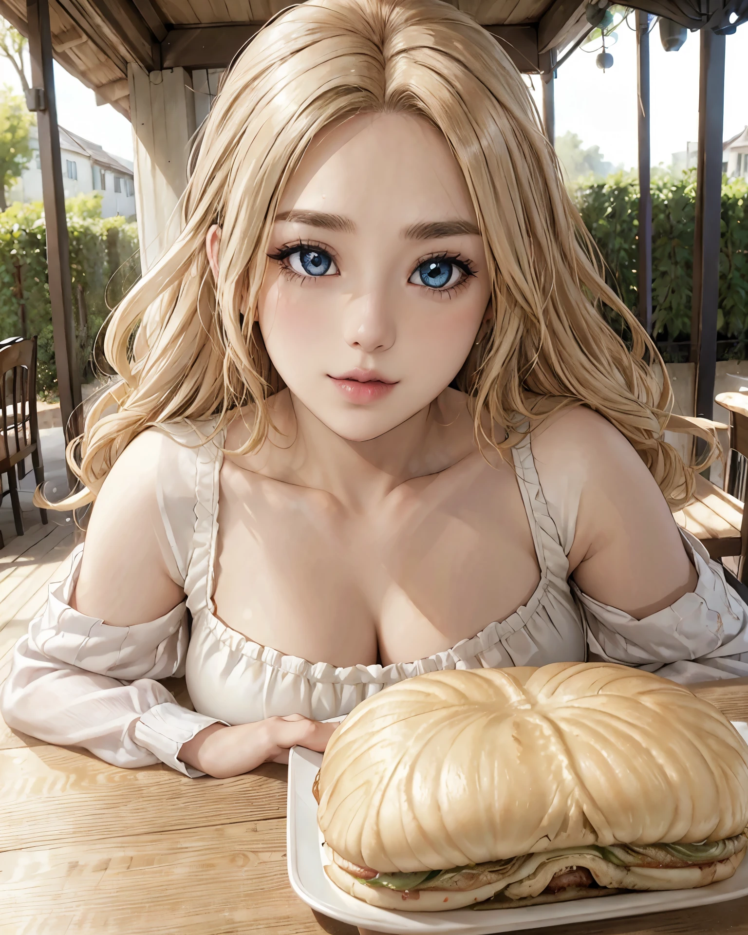 (table top:1.2), (highest quality:1.2), perfect eyes, perfect face, perfect lighting, 1 girl, mature woman in the field, medium blonde hair, curly hair, fine clothes, detailed outdoor background, compensate, eye shadow, thick eyelashes, fantasy, looking at the viewer, spring