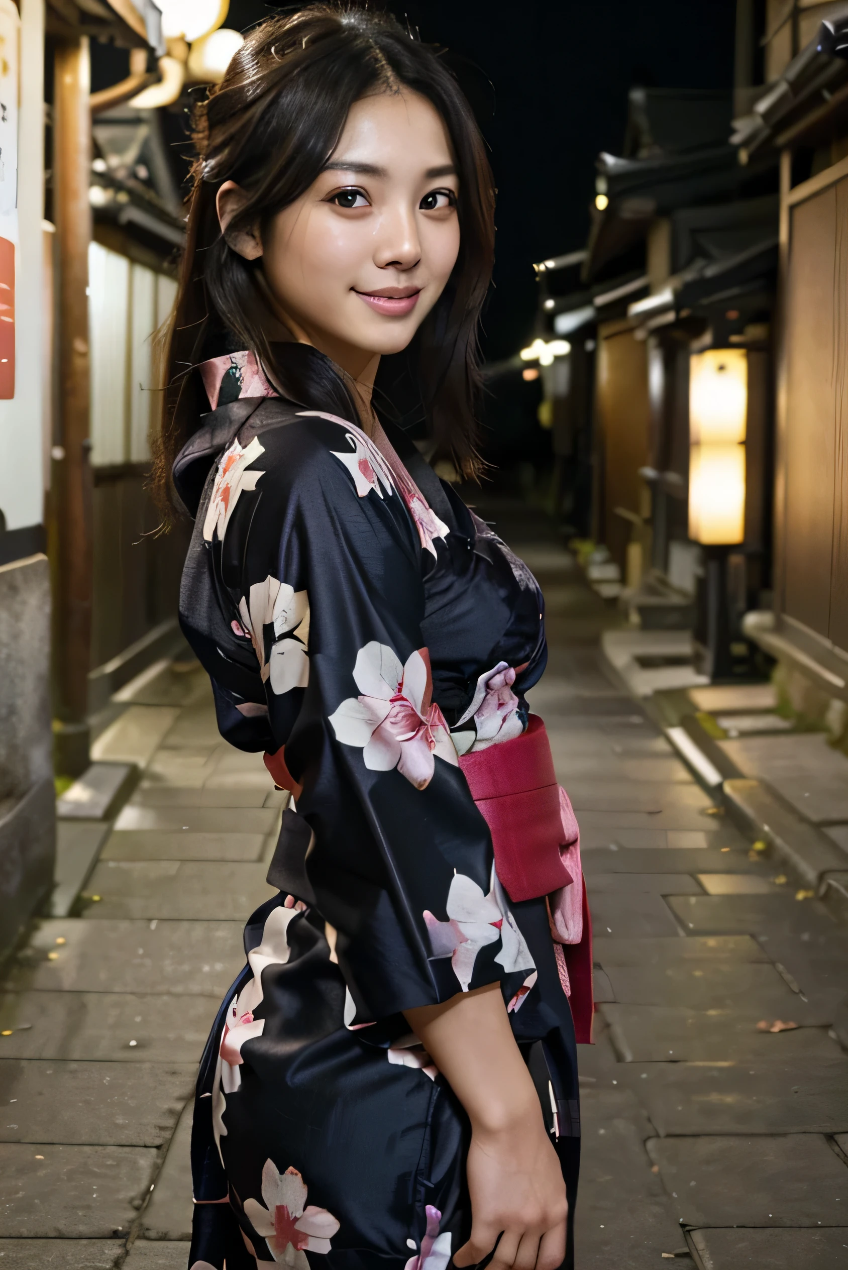 8k、foto en bruto、de la máxima calidad、Obra maestra:1.2)、Fotografía en color RAW de alta definición、fotos profesionales、japonés、mujer hermosa、pelo negro、pelo largo、(genuino、Foto genuina:1.37)(((de la máxima calidad))),mujer de 25 años,luz cinemática,(detalles finales cara:1.2)(Obra maestra:1.2),(de la máxima calidad:1.2), (sonrisa:1.2）, En las calles de Kioto, (yukata: 1.2))