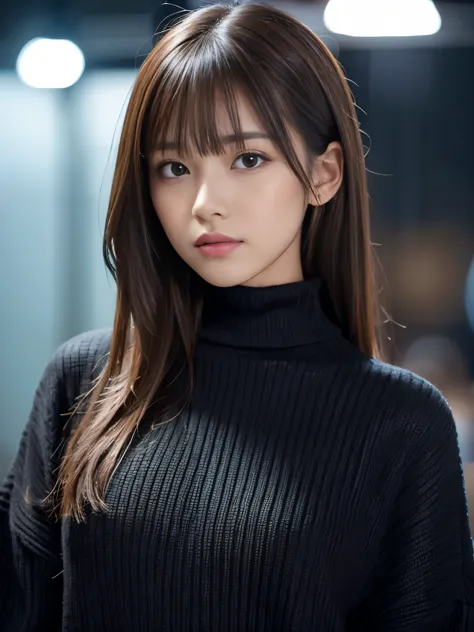 product quality, 1 girl, cowboy shot, front view, a japanese young pretty girl, at night, wearing a black knitted turtleneck swe...