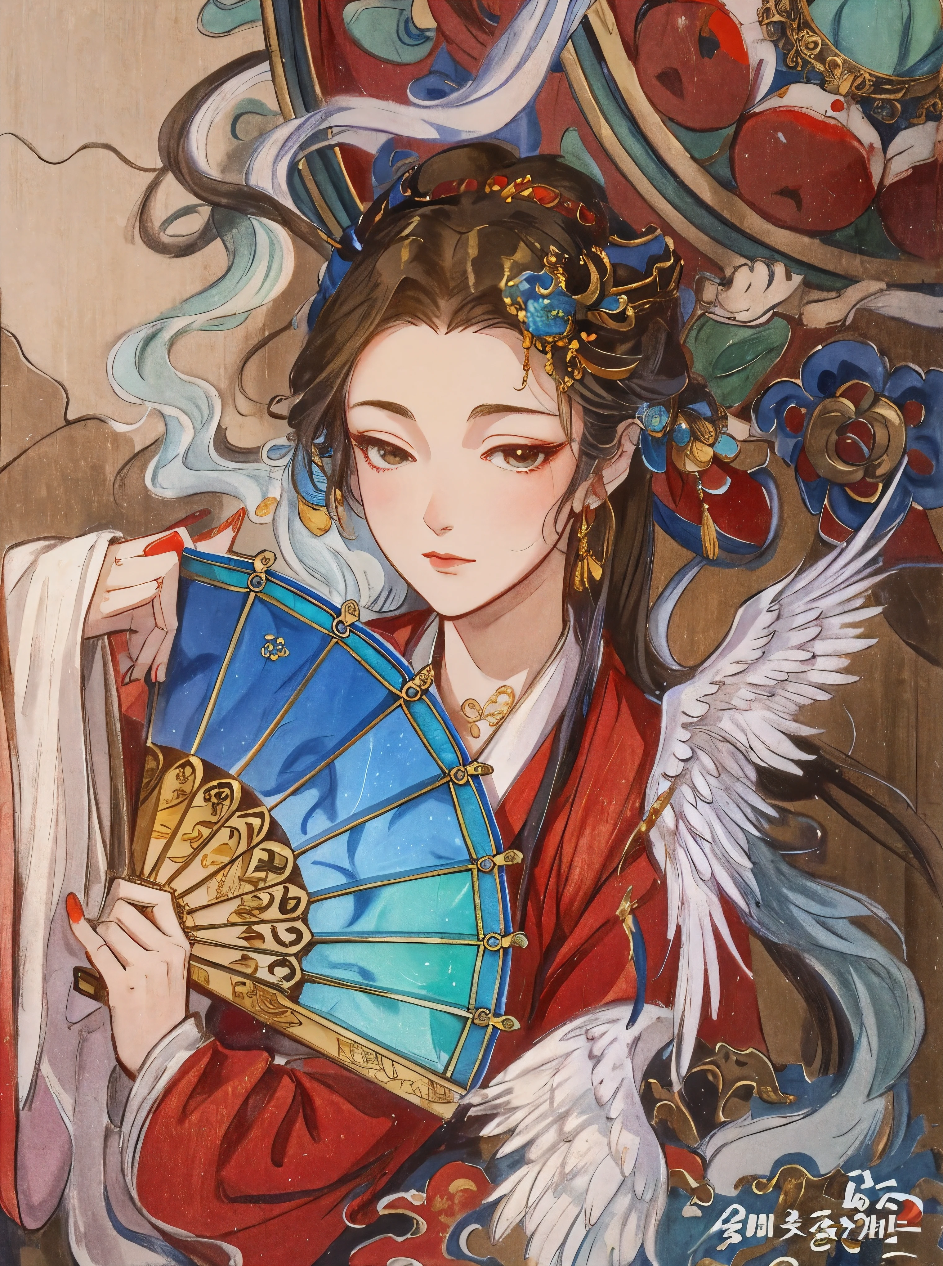 One hand holds a fan、Drawing of woman holding bird in hand, Inspired by Wu Bin, Inspired by Lan Ying, Korean Art Nouveau Animation, palace ， girl wearing hanfu, Alphonse Mucha and Rose Drews, beautiful figure painting, Inspired by Qiu Ying, author：Yang Jie, Chinese goddess, queen of china, Inspired by gold farmers, chinese princess