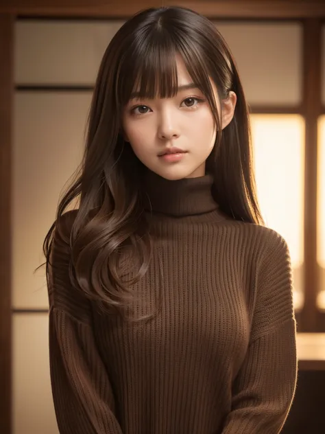 product quality, 1 girl, cowboy shot, front view, a japanese young pretty girl, at night, wearing a black knitted turtleneck swe...