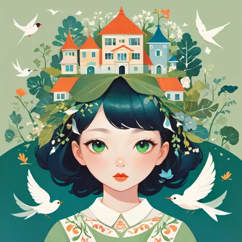 flat，vector：1.37，A beautiful girl with green eyes，Wearing an elegant headband，Hair decorated with elements of nature and houses，...