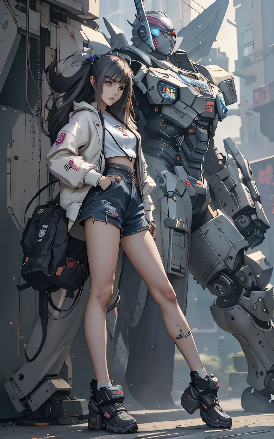 anime girl in short shorts and jacket standing next to giant robot, artwork in the style of guweiz, cyberpunk anime girl mech, trending on cgstation, guweiz, by Russell Dongjun Lu, digital cyberpunk anime art, ross tran 8 k, guweiz on artstation pixiv, girl in mecha cyber armor