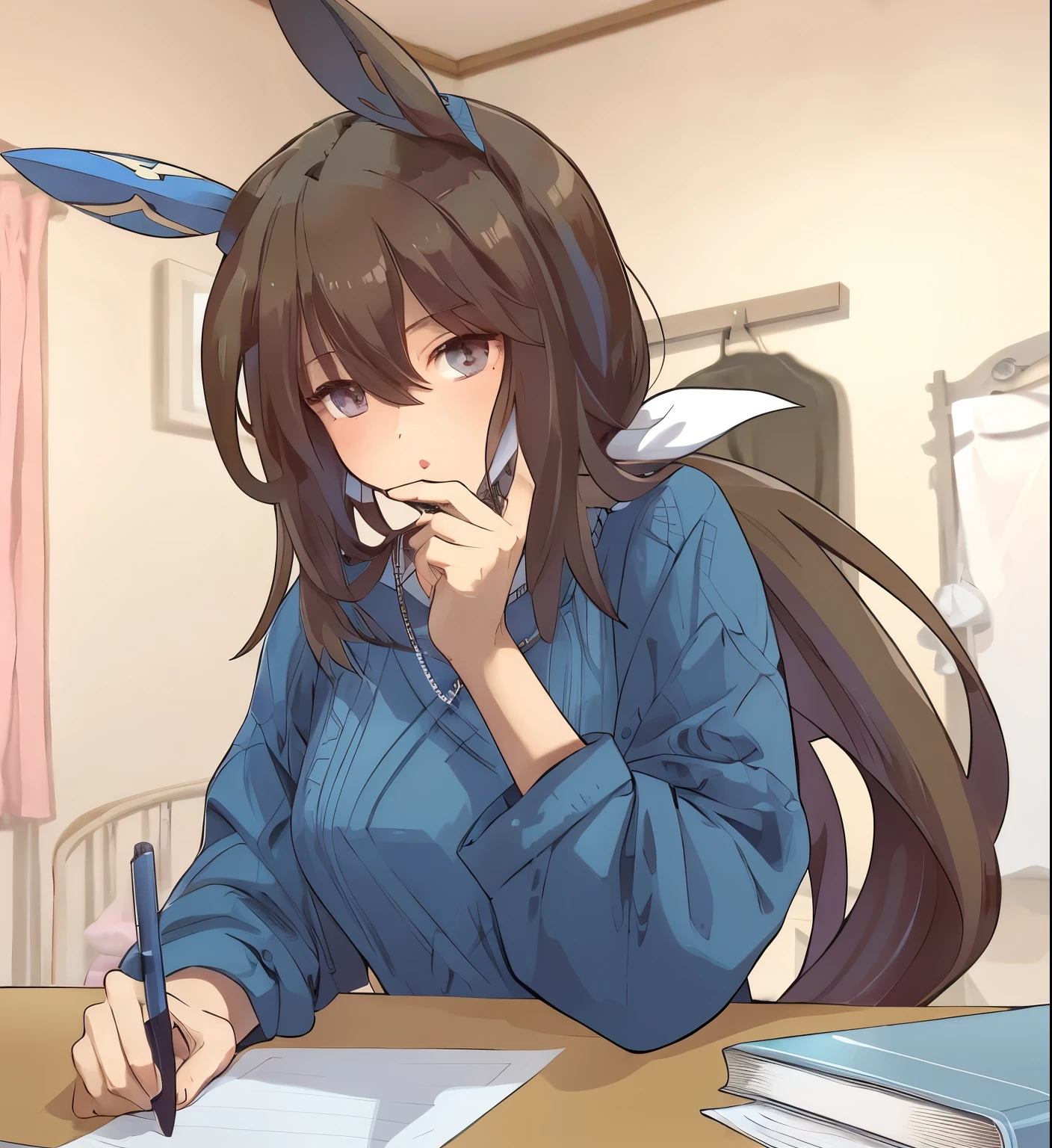 Anime girl sitting at a desk with a cell phone to her ear - SeaArt AI