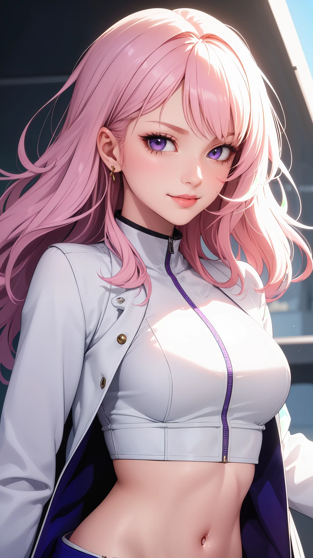 (masterpiece, best quality), intricate details, thin, ((slim)), beautiful girl, Light pink hair, white skin, light purple eyes, sharp jawline, cropped jacket, messy hair, lips, smirk, dynamic pose,