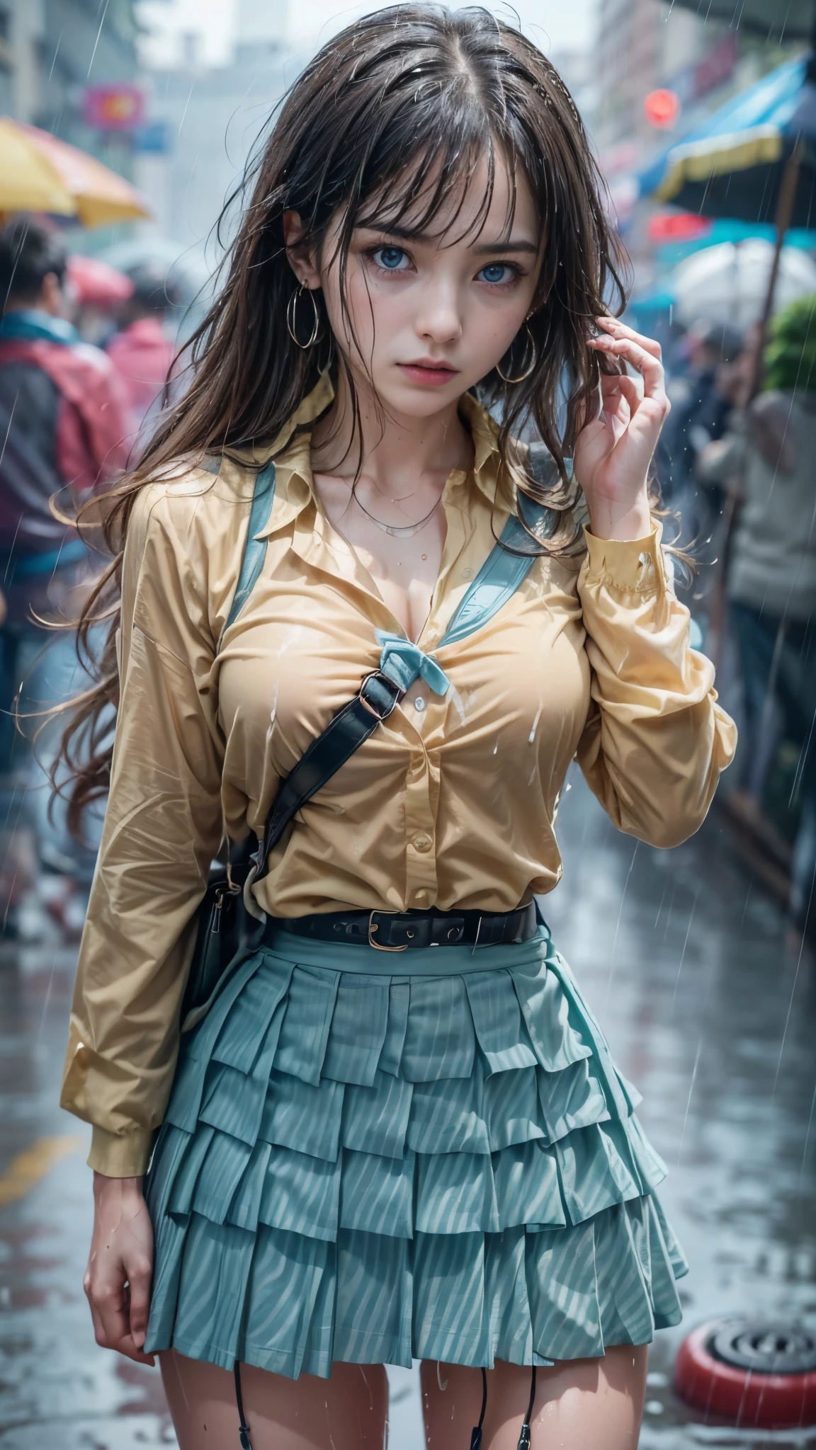 (RAW shooting, Photoreal:1.5, 8K, highest quality, masterpiece, ultra high resolution), perfect dynamic composition:1.2, street corner at night, cry:1.3, (((Typhoon heavy rain))), Highly detailed skin and facial textures:1.2, Slim high school girl wet in the rain:1.3, sexy beauty:1.1, perfect style:1.2, beautiful and aesthetic:1.1, Fair skin, very beautiful face, water droplets on the skin, (rain drips all over my body:1.2, wet body, wet hair:1.4, wet uniformスカート:1.2, wet uniform:1.3), belt, (Medium chest, Bra is sheer, Chest gap), (expression of sadness, lovelorn, The expression on your face when you feel intense caress, Facial expression when feeling pleasure), (beautiful blue eyes, Eyes that feel beautiful eros:0.8), (Too erotic:0.9, Bewitching:0.9), cowboy shot, shoulder bag, earrings, bracelet, clock