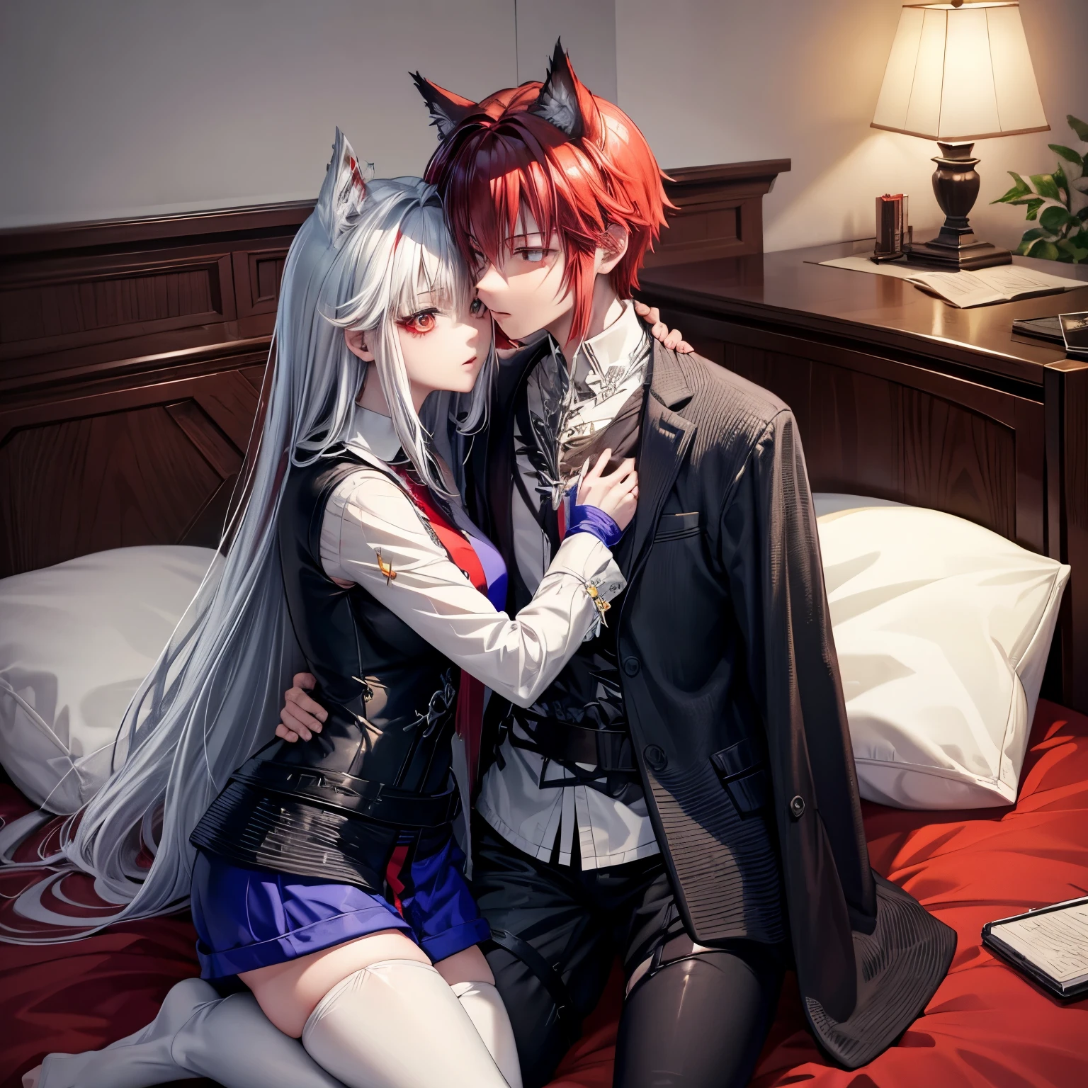 Anime couple in a bed with a laptop and a lamp - SeaArt AI