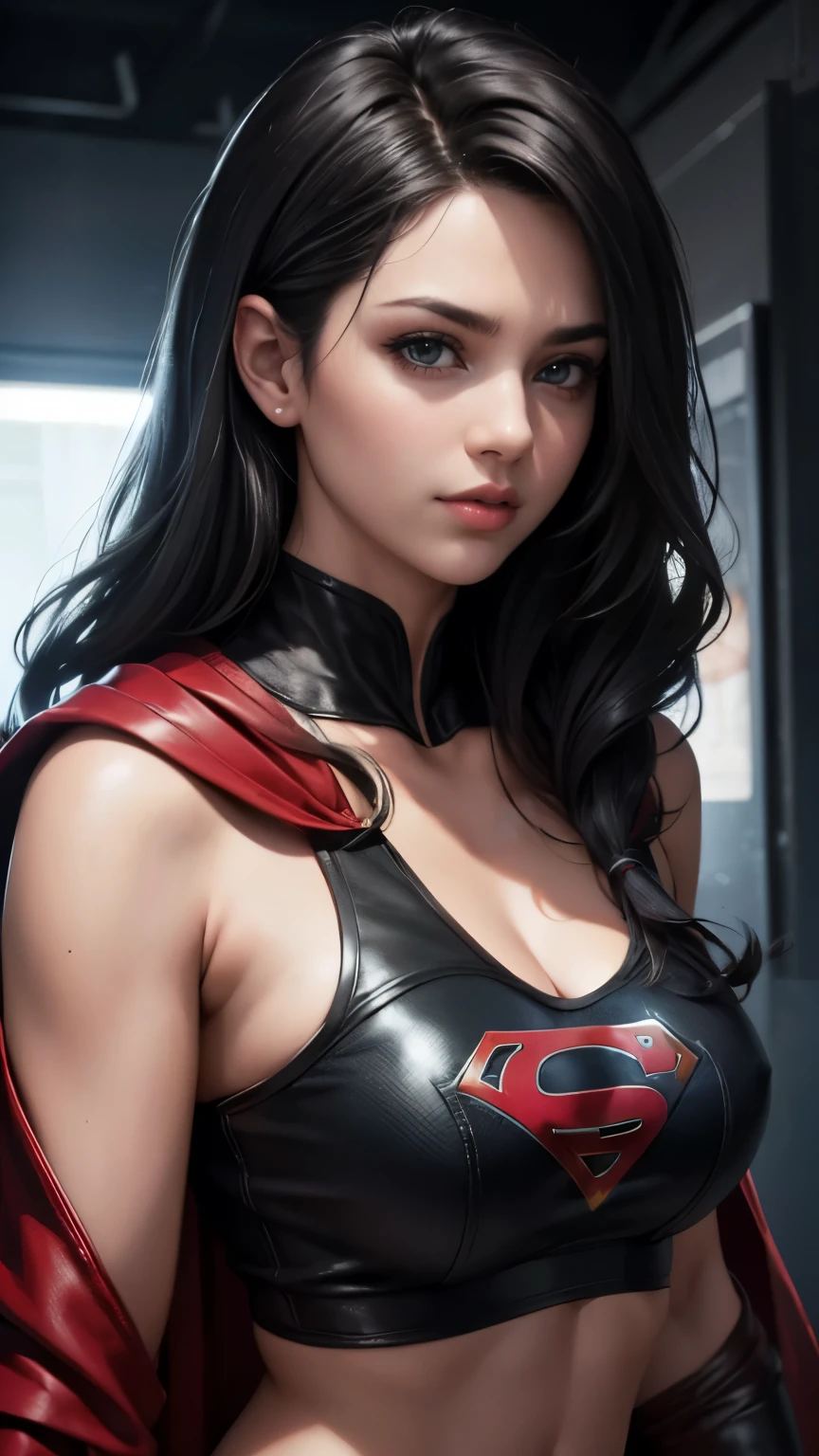 (best quality,4k,8k,highres,masterpiece:1.2),ultra-detailed,(realistic,photorealistic,photo-realistic:1.37), vivid colors, bokeh, HDR, studio lighting, extreme detail description, physically-based rendering, ultra-fine painting, sharp focus, professional, portraits, sexy supergirl, beautiful detailed eyes, beautiful detailed lips, green eyes, shoulder length  black hair, black and silver outfit, red cape with a midriff, , UHD 8K
