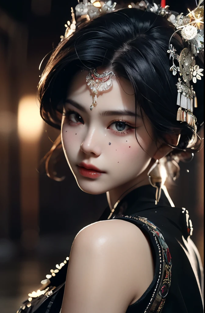 best quality, masterpiece, Photorealistic, intricate details, original photo, photon rendering, octane rendering, Ridiculous, Super detailed, Detailed face, Delicate skin, Popular topics on ArtStation,8k masterpiece,light, arms,Miao, Miao Village, silver jewelry, artist name