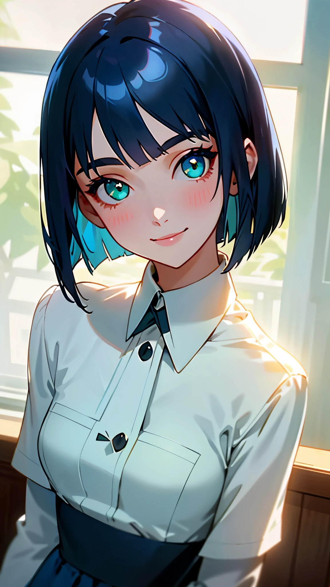 1 girl、one person、dark blue hair、bob cut、beautiful green eyes、smile、Formal white-based clothing、blue skirt、indoor、Morning Cafe、Lens flare, shiny, Glossy skin、upper body close-up