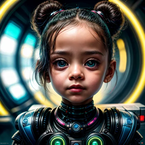 Extraordinary portrait of an unfamiliar microscopic cyberpunk , 4 years old girl, baby girl, four years old,  showcasing their a...