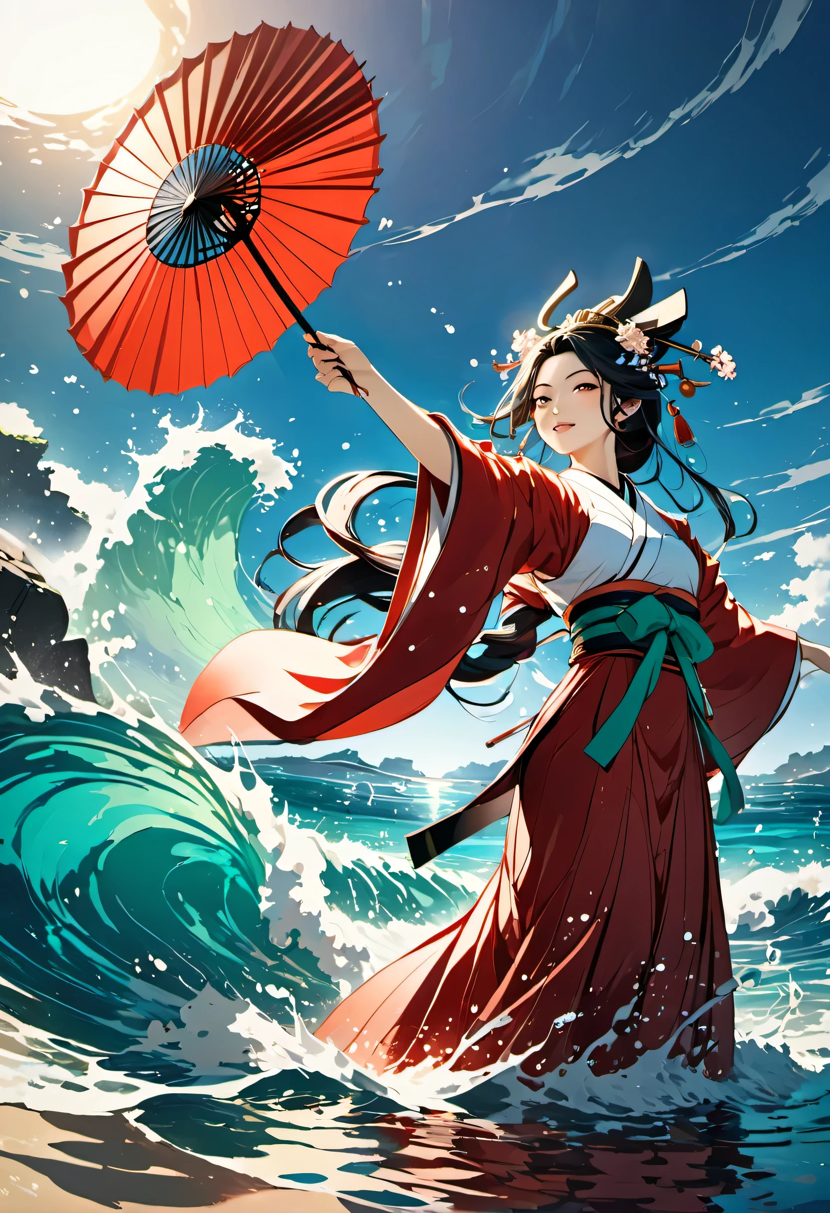 priestess dancing in shallow water:20th generation:Shirabyoshi of the Heian period,priest&#39;clothing:Red too,Dance Fan,be quiet,beautiful light and shadow,masterpiece,最高masterpiece,splash of water,beautiful light and shadow,rendering,A scene from a movie,sea background,beautiful scenery,dance on the sea surface,splash of waterが舞う,rich colors,Vibrant colors,beauty,sacred,flash,