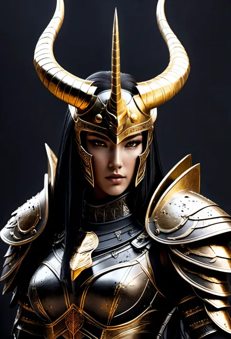 a piece of digital art，Depicts a female warrior with a golden head and horns，Wearing dark armor，Shine faint lustelm Still，unfini...