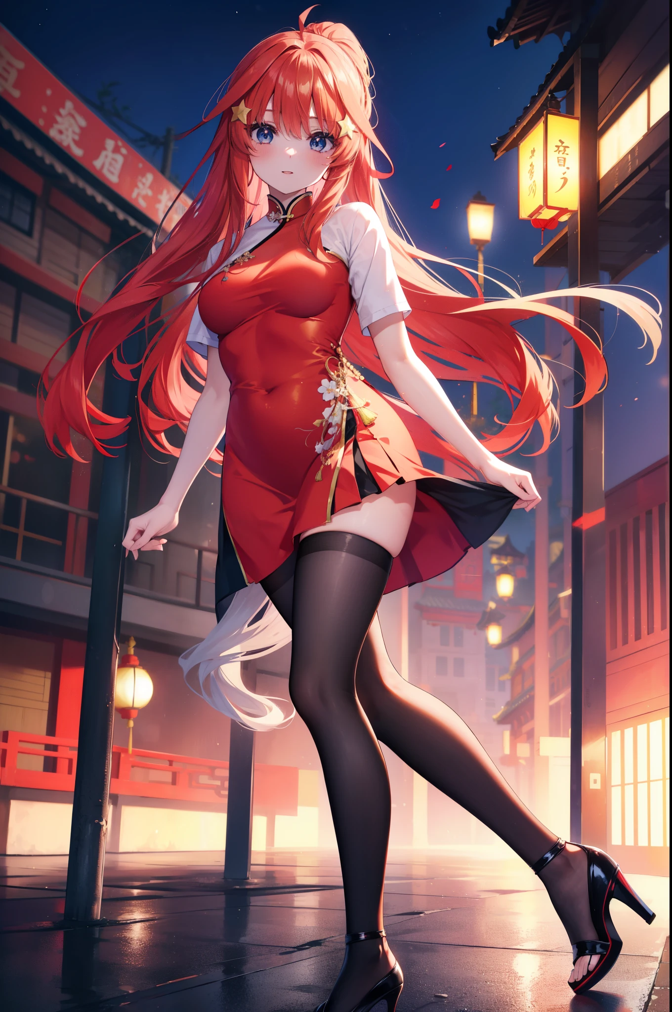 itsukinakano, itsuki nakano, bangs, blue eyes, hair between eyes, Ahoge, redhead, star \(symbol\), hair ornaments, star hair ornaments,long hair,low ponytail,smile,blush,open your mouth,,red cheongsam,red chinese slit skirt,black pantyhose,stiletto heels,put your arms behind your back and look,歩いてる
break indoors, Chinese style streetscape,
break (masterpiece:1.2), highest quality, High resolution, unity 8k wallpaper, (figure:0.8), (detailed and beautiful eyes:1.6), highly detailed face, perfect lighting, Very detailed CG, (perfect hands, perfect anatomy),