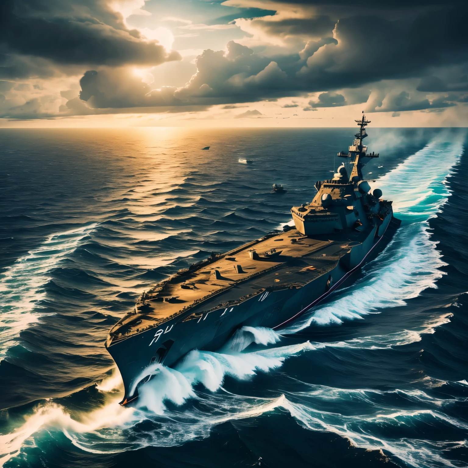 A sinking military cruiser viewed from a distance, aerial view. (best quality,4k,8k,highres,masterpiece:1.2),ultra-detailed, warship, war scene, naval disaster, dramatic, dark and stormy atmosphere, battlefield, massive waves, ominous clouds, aerial perspective, sinking ship, destroyed military ship, detailed water reflections, panoramic view, feeling of chaos
