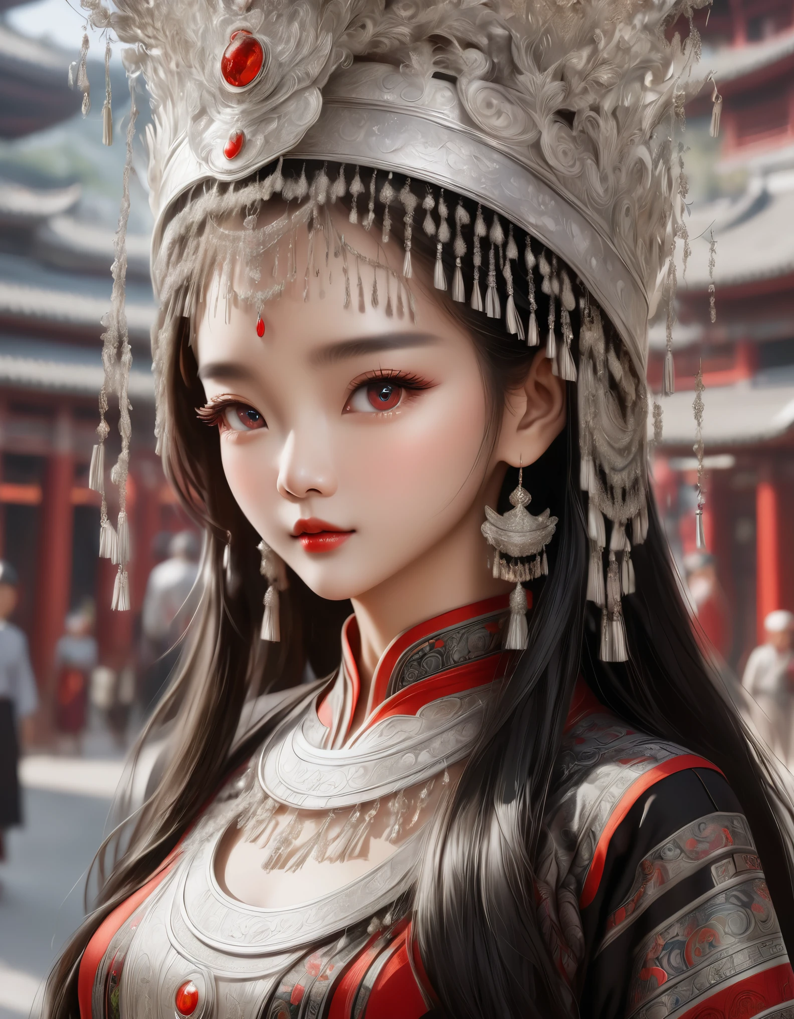 (best quality,8K,masterpiece:1.2),stunning,gorgeous Chinese girl,queen,detailed skin details,bright eyes,gorgeous eyelashes,standing alone,looking at the audience,minority:1.5,silver jewelry:1.2,silver hat crown:1.5,silver tassels:1.37,silver necklace,silver texture,silver sheen,upper body,long sleeves,dark ethnic attire,long skirt:1.2,waist,details of black and red linen fabric,characteristics of Miao ethnic attire,totem)