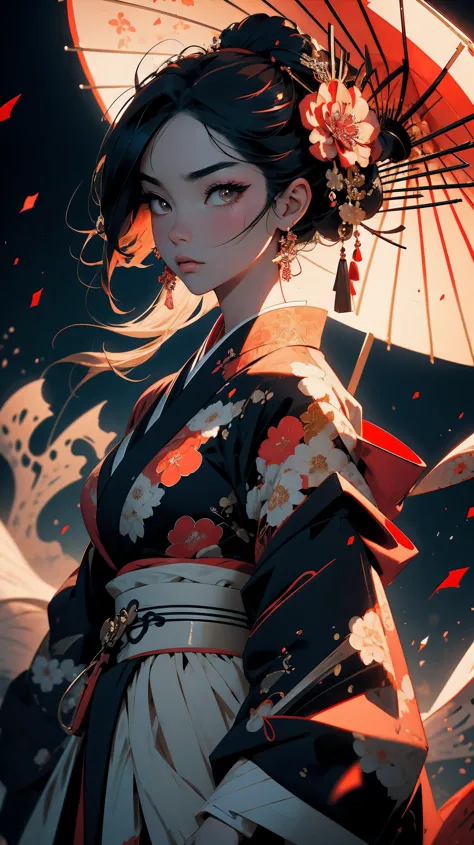 Geisha, Alluring figure, Wearing kimono. Masterful technique reveals the intensity and power of the image;sense of presence，with...