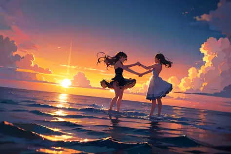 person dancing on the sea surface々, Makoto Shinkai's world, concept art, animation, girls dancing on the sea surface, calm sea, ...