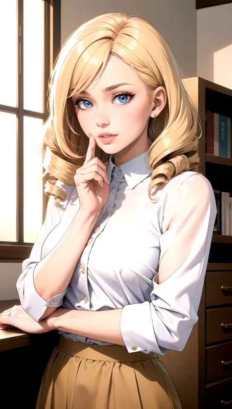 (masterpiece, best quality), 1girl, blonde hair, blue eyes, drill hair, blouse, culottes,