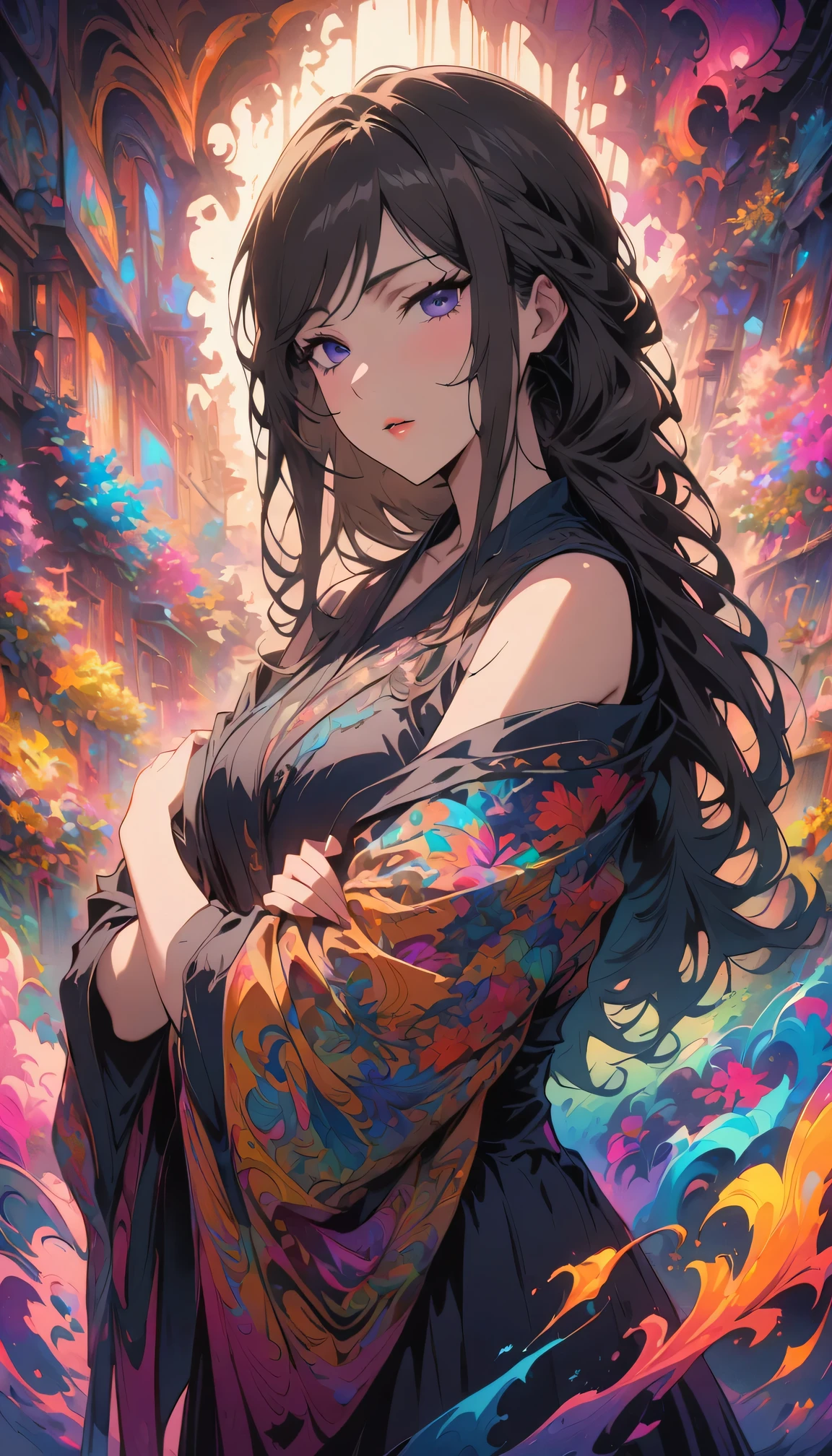 (masterpiece, top quality, best quality, official art, Beautiful and beautiful:1.2), (1 girl:1.3), Very detailed,(fractal art:1.2),colorful,most detailed,( Zentangle neon light:1.2), (dynamic poses), (Abstract background neon lights:1.5), (traditional clothing:1.2), (shiny skin), (Many colors:1.4), Upper body ,neon,16K,Full HD