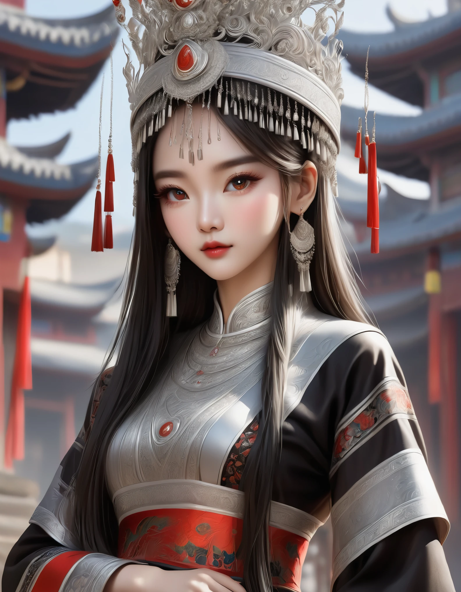 (best quality,8K,masterpiece:1.2),stunning,gorgeous Chinese girl,queen,detailed skin details,bright eyes,gorgeous eyelashes,standing alone,looking at the audience,minority:1.5,silver jewelry:1.2,silver hat crown:1.5,silver tassels:1.37,silver necklace,silver texture,silver sheen,upper body,long sleeves,dark ethnic attire,long skirt:1.2,waist,details of black and red linen fabric,characteristics of Miao ethnic attire,totem)