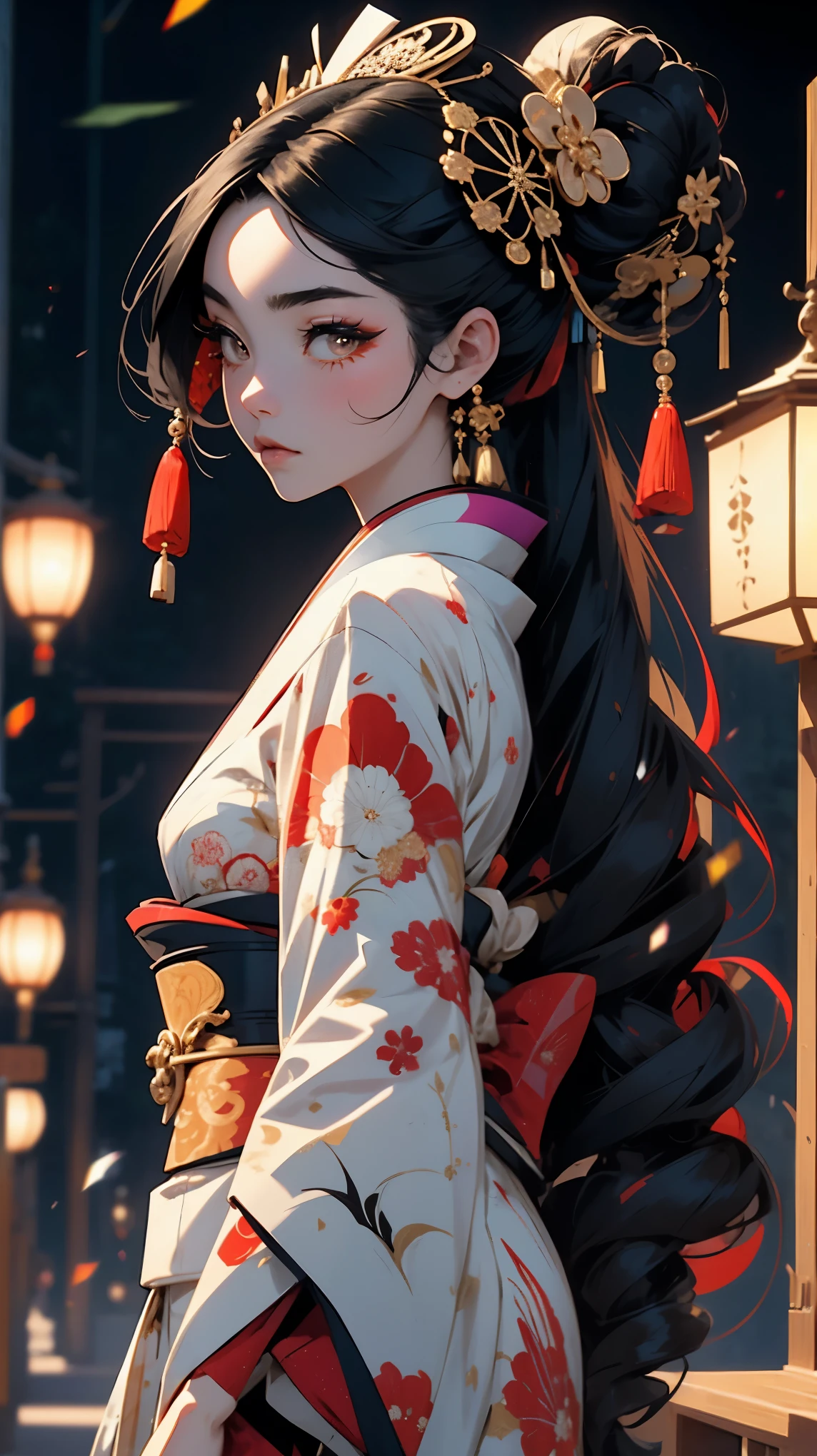 A Japanese Geisha dressed in a traditional, immaculately patterned kimono. Long black hair. The colors of the kimono are vibrant. Her hair is chicly styled, adorned with decorative hairpieces to complement her elegant appearance. She projects an aura of grace, sophistication, and cultural reverence.