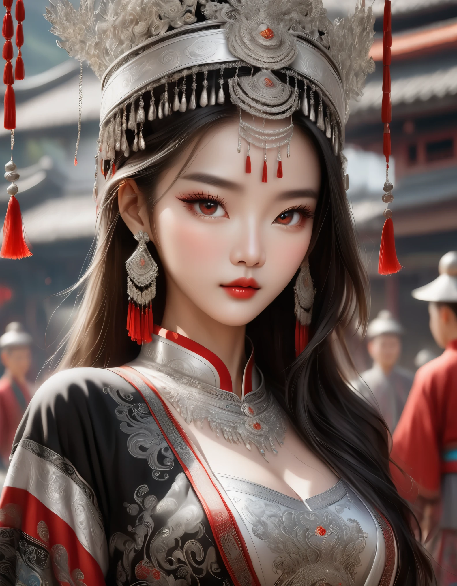 (beste Qualität,8K,Meisterwerk:1.2),atemberaubend,Wunderschönes chinesisches Mädchen,Königin,Detaillierte Hautdetails,strahlende Augen,Wunderschöne Wimpern,Alleine herumstehen,Blick ins Publikum,Minderheit:1.5,Silberschmuck:1.2,silberne Hutkrone:1.5,silver tassels:1.37,Silberkette,Silberne Textur,Silberglanz,Oberkörper,lange Ärmel,dunkle ethnische Kleidung,Langer Rock:1.2,Taille,Details aus schwarzem und rotem Leinenstoff,Merkmale der ethnischen Kleidung der Miao,Totem)