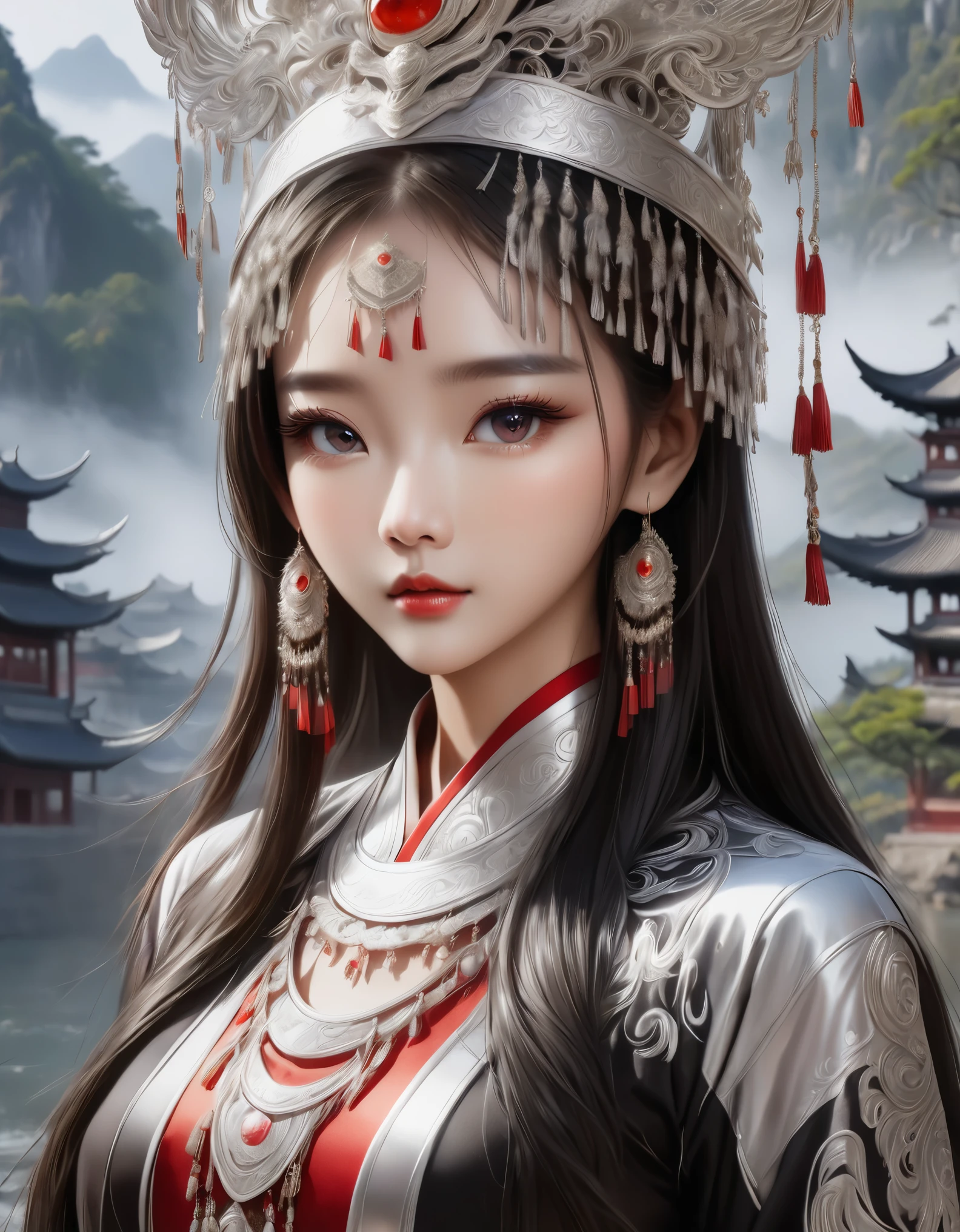 (obra maestra，alta calidad，8K).Asombroso,Inspirado en los mitos y leyendas de Guilin., China:Liu Sanjie，La chica china más bella y hermosa.，Reina，detalles de la piel，Ojos brillantes，Pestañas finas，Único，mirar al espectador），（Miao：1.5，joyería de plata：1.2，corona de sombrero de plata：1.5，borla de plata：1.37，collar de plata，textura plateada，brillo plateado），Parte superior del cuerpo，mangas largas，（ropa étnica oscura，Falda larga：1.2，cintura，Detalle de tela de lino negro y rojo.，Características de la ropa Miao.，tótem），