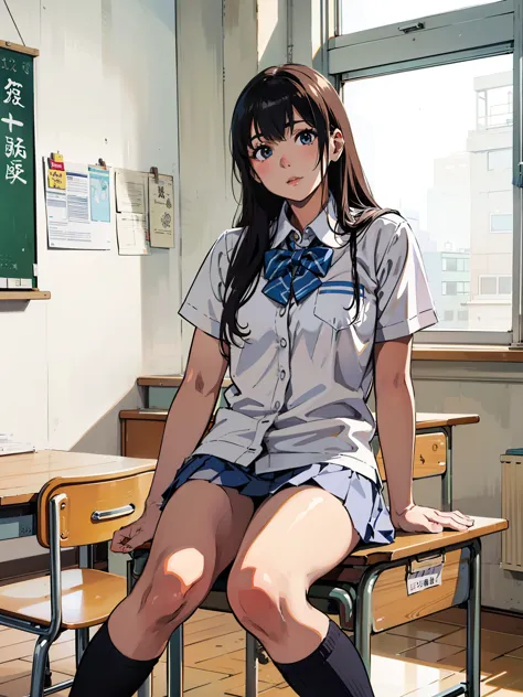 Alafed asian girl in uniform sitting on desk, Photo of high school girl posing, a hyperrealistic , cute high school girl, wearin...