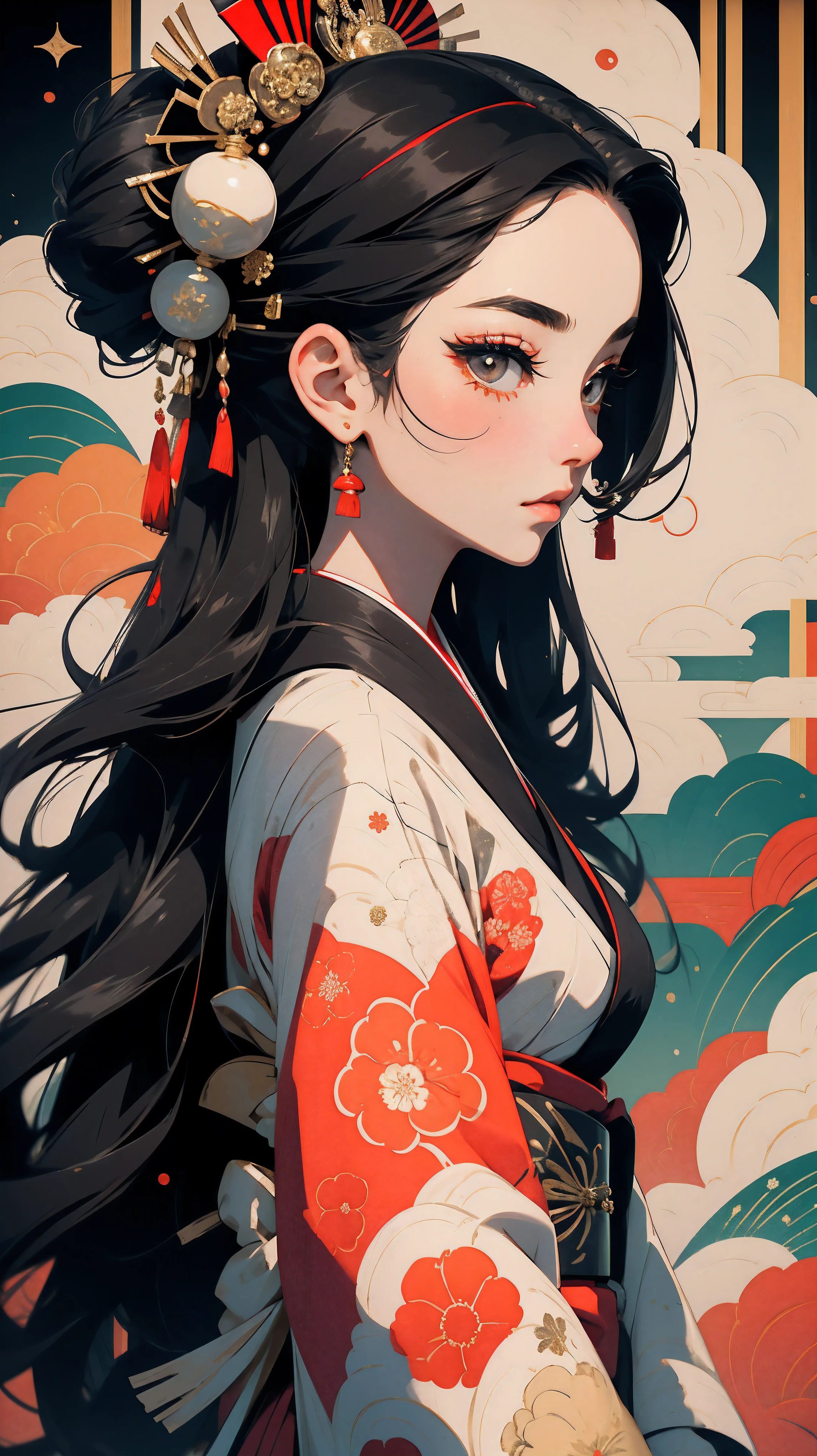 A Japanese Geisha dressed in a traditional, immaculately patterned kimono. Long black hair. The colors of the kimono are vibrant. Her hair is chicly styled, adorned with decorative hairpieces to complement her elegant appearance. She projects an aura of grace, sophistication, and cultural reverence.