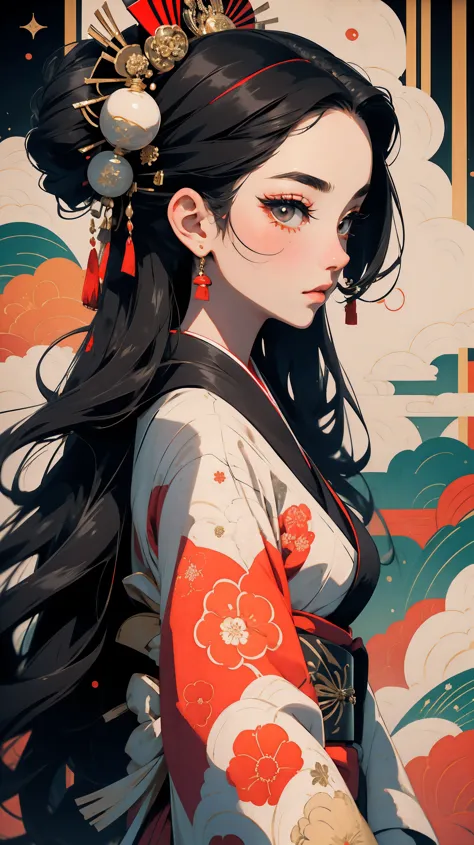 A Japanese Geisha dressed in a traditional, immaculately patterned kimono. Long black hair. The colors of the kimono are vibrant...