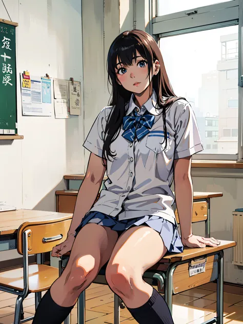 Alafed asian girl in uniform sitting on desk, Photo of high school girl posing, a hyperrealistic , cute high school girl, wearin...