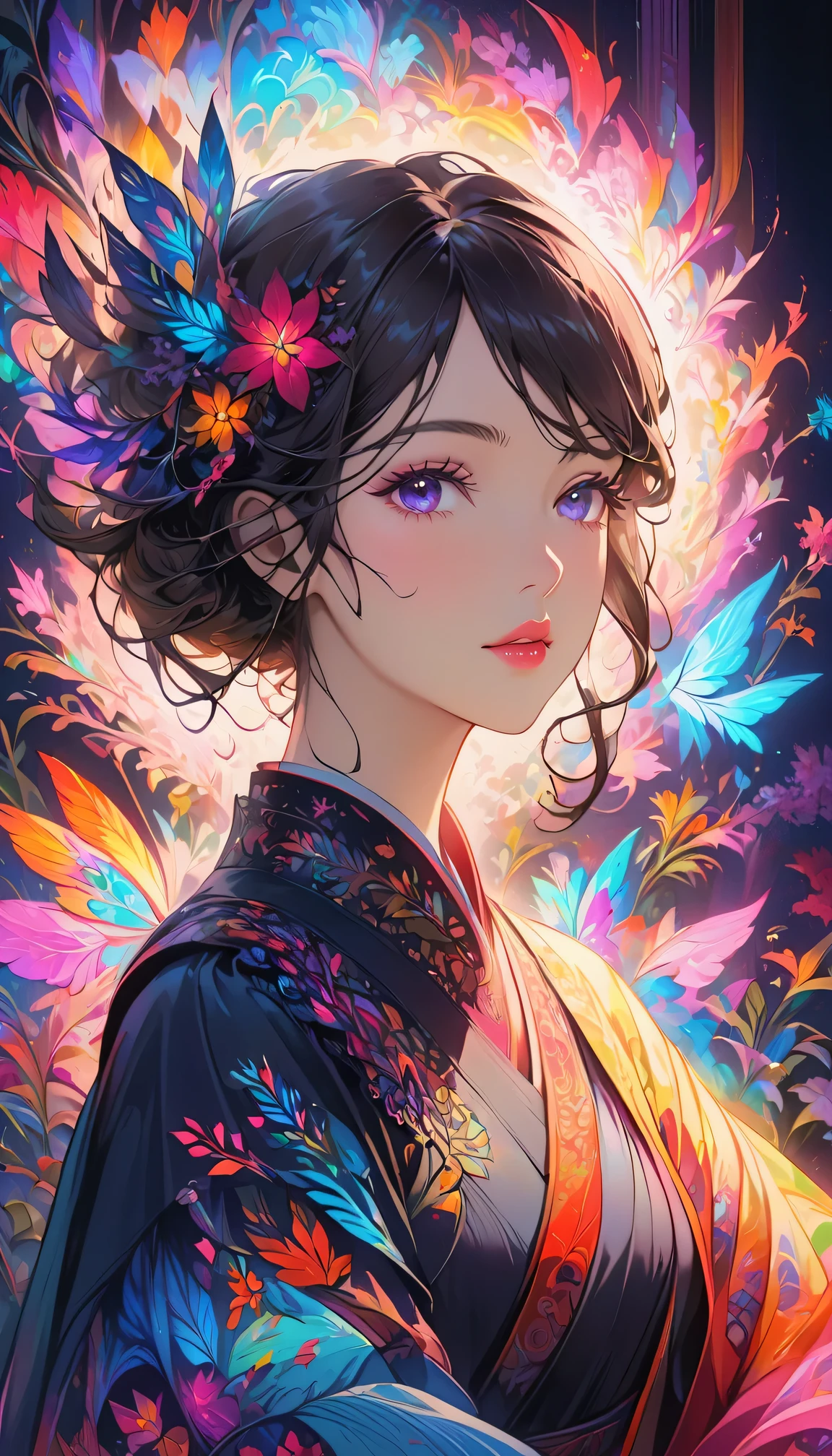 (masterpiece, top quality, best quality, official art, Beautiful and beautiful:1.2), (1 girl:1.3), Very detailed,(fractal art:1.2),colorful,most detailed,( Zentangle neon light:1.2), (dynamic poses), (Abstract background neon lights:1.5), (traditional clothing:1.2), (shiny skin), (Many colors:1.4), Upper body ,neon,16K,Full HD