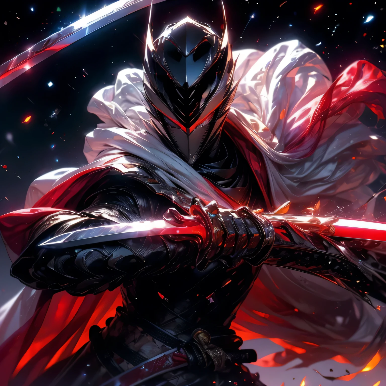 Super realistic, hyper realistic, super detailed, (cybersamurai, 1boy, ((solo)), ((attacking with red sword)) , wearing white armor and mask, cape, glowing beautiful red eyes, glow:1.3) (glowing simple black background:1.25),