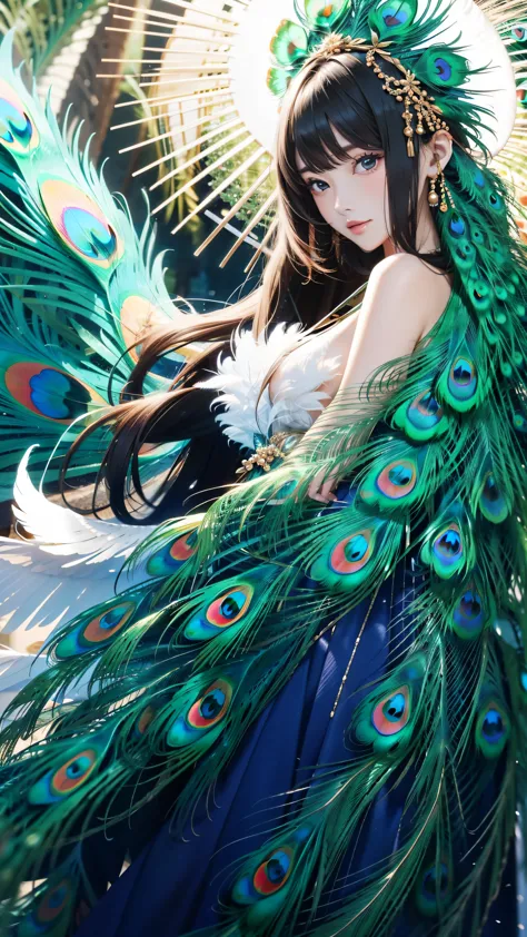 (((masterpiece))),((highest quality)),one beautiful japanese girl,pale, (A fusion character of humans and peacocks: 1.5), ((flas...