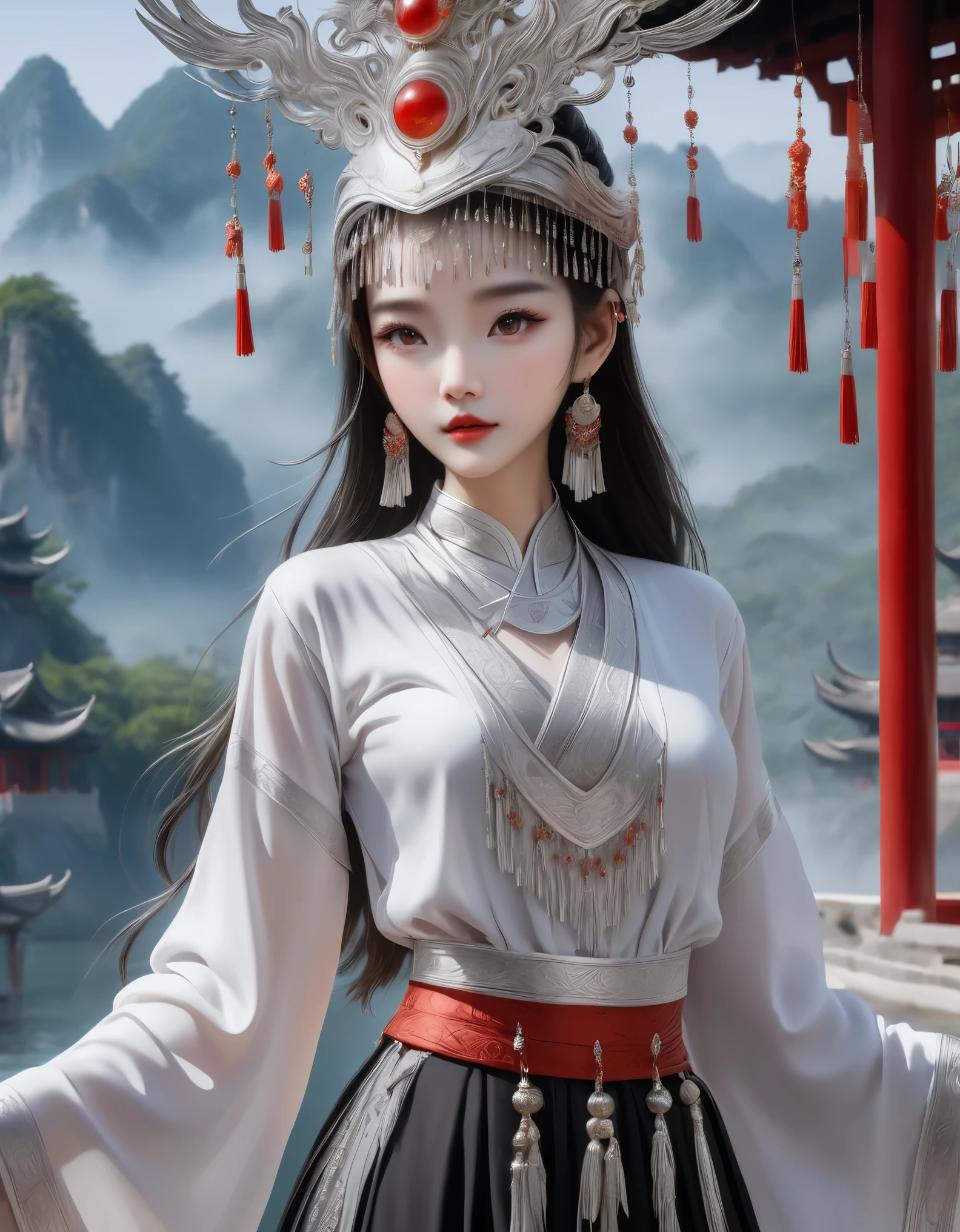 (obra maestra，alta calidad，8K).Asombroso,Inspirado en los mitos y leyendas de Guilin., China:Liu Sanjie，La chica china más bella y hermosa.，Reina，detalles de la piel，Ojos brillantes，Pestañas finas，Único，mirar al espectador），（Miao：1.5，joyería de plata：1.2，corona de sombrero de plata：1.5，borla de plata：1.37，collar de plata，textura plateada，brillo plateado），Parte superior del cuerpo，mangas largas，（ropa étnica oscura，Falda larga：1.2，cintura，Detalle de tela de lino negro y rojo.，Características de la ropa Miao.，tótem），