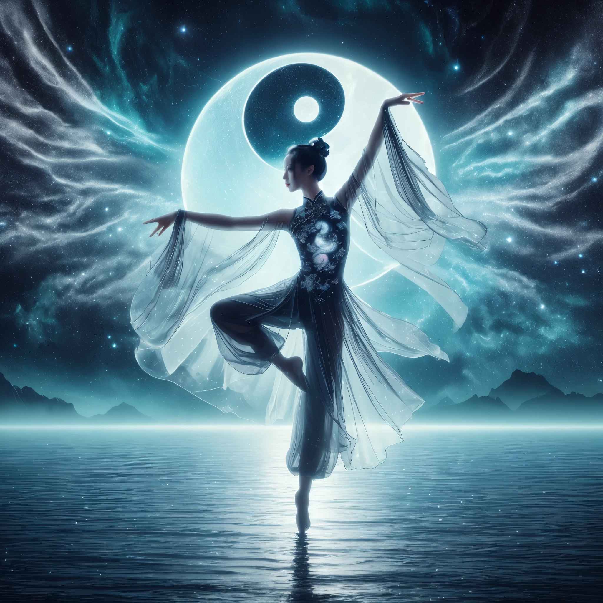 Silhouette of a Chinese fairy with open arms，Bend one leg and lift it，单腿站立在反射着星Light的海面上，Wearing translucent dancer pantsuit and silk top，Ayara satin，Background is starry night sky with yin and yang symbol composed of cool toned nebulae and dark cosmic fields， Loose style, intricate details, Light, octane rendering, anatomically correct，((best quality)), ((masterpiece)), ((actual))，ultra high definition,8k rendering, Volumetric ，flow