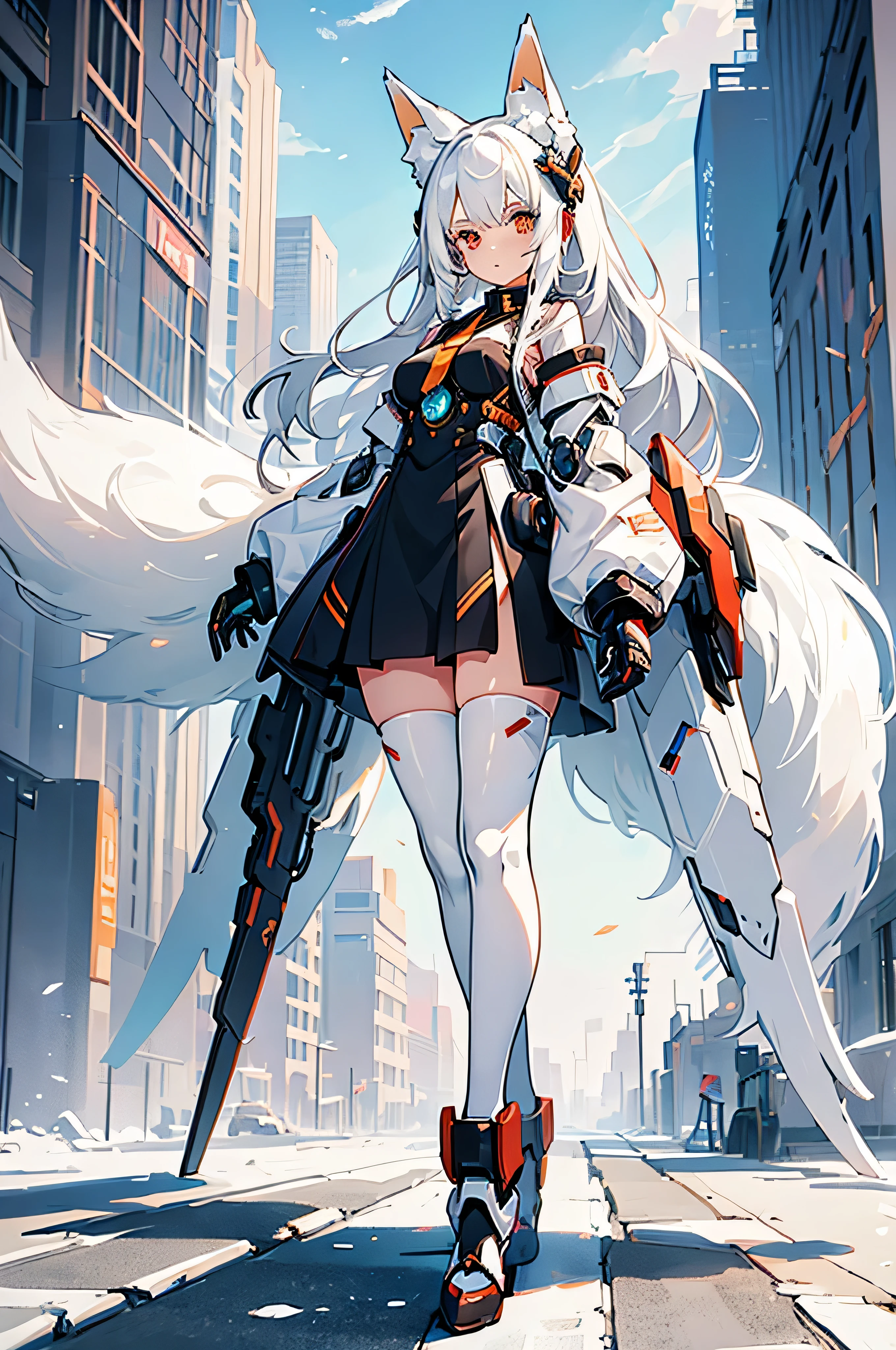 1girl with white hair sedan, fox ears, fox tail, anime style Mecha maiden,((high resolution)), ((best quality))), destroyed city background, alone, Mecha dress, Mecha shoes, Mecha long white socks.