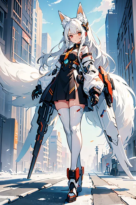 1girl with white hair sedan, fox ears, fox tail, anime style mecha maiden,((high resolution)), ((best quality))), destroyed city...