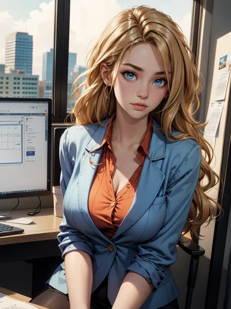 ()blonde woman,long blonde hair,wavy hair,(swept bang hair:1.2),light blue eyes,office worker,27 years old,light blue blazer,cur...